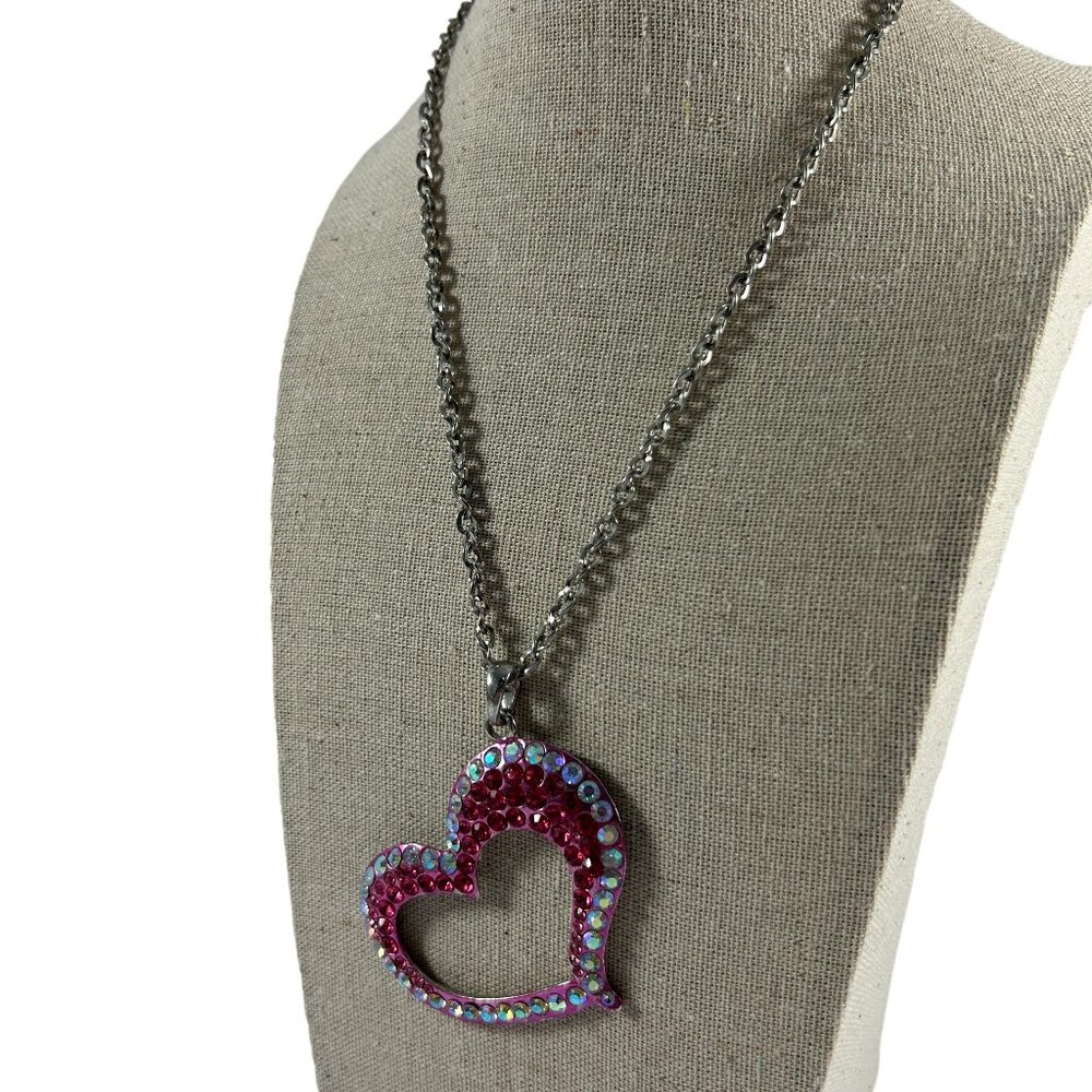 Silver Tone Pink Rhinestone Heart Pendant Necklace Statement Valentines Day 17"